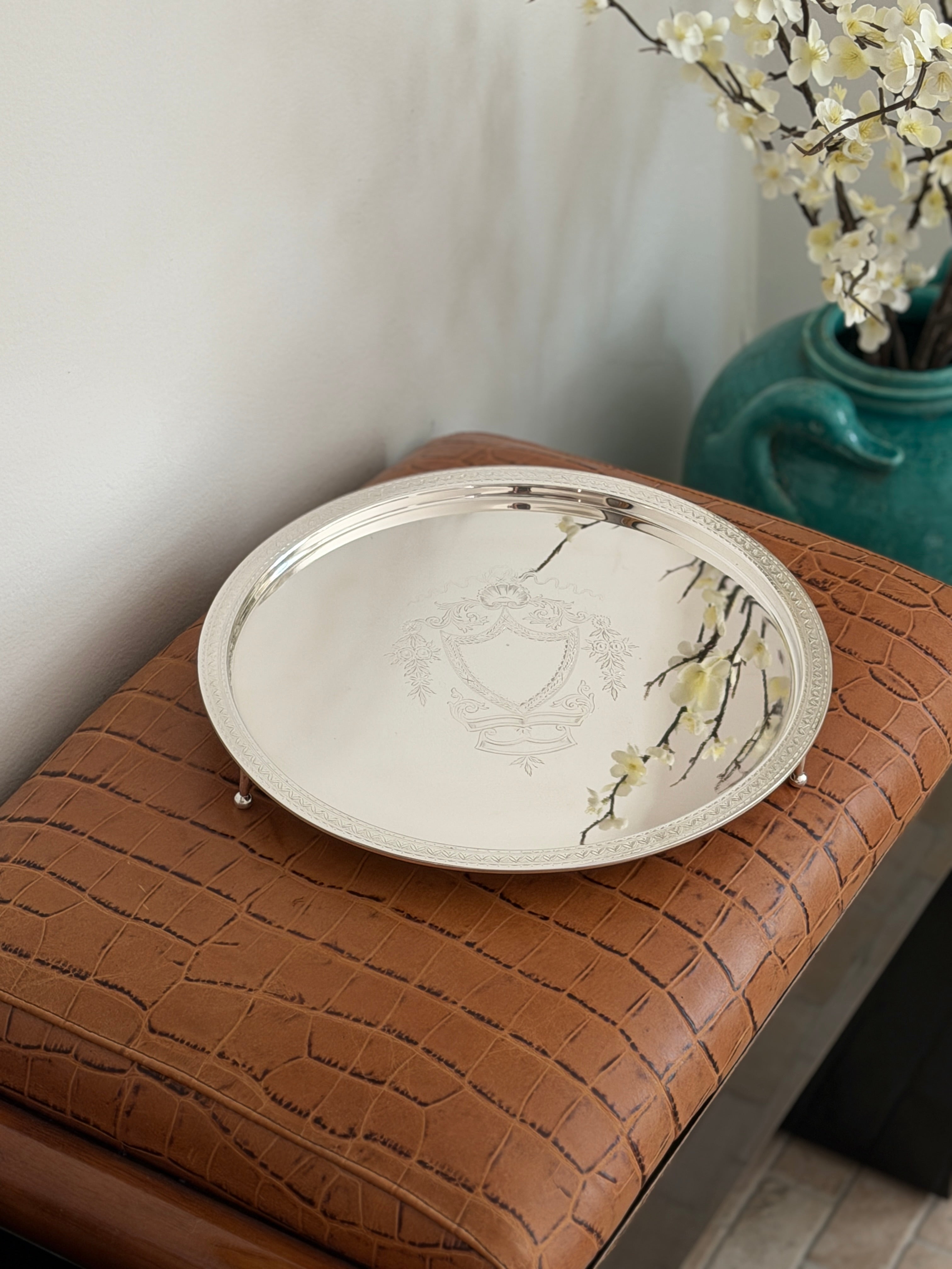 Antique Hukin Heath Silver Plated Salver with Engraved Garland Decoration - c.1880 | Collectors Gene