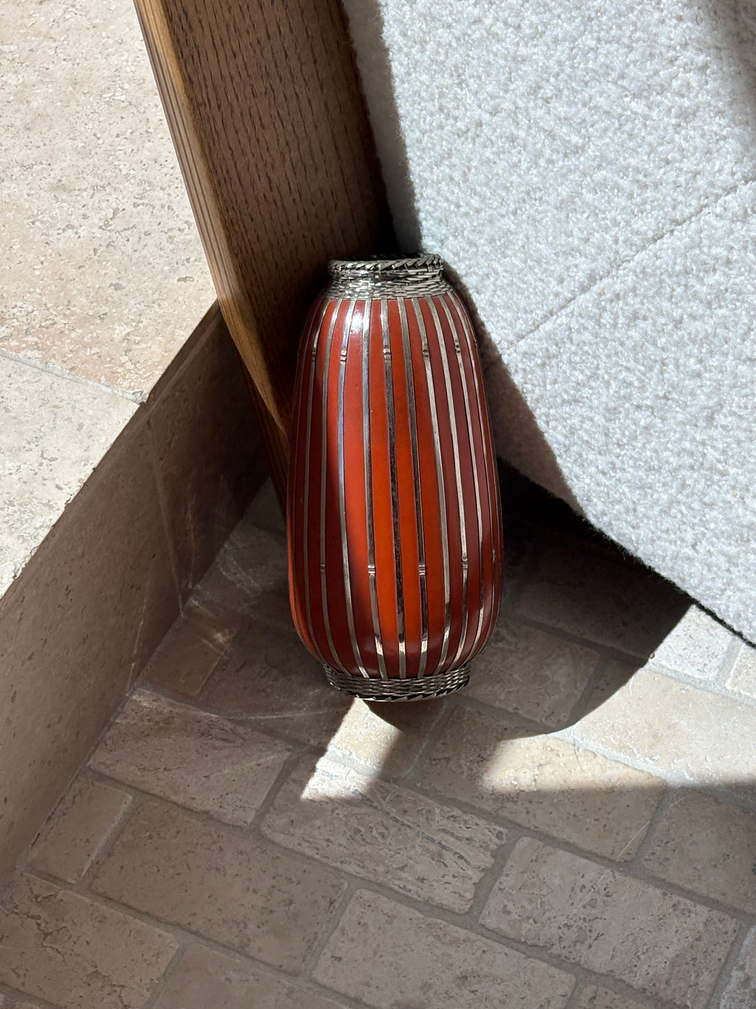 Antique Japanese Meiji Period Vase in Orange-Red with Silver Basketweave
