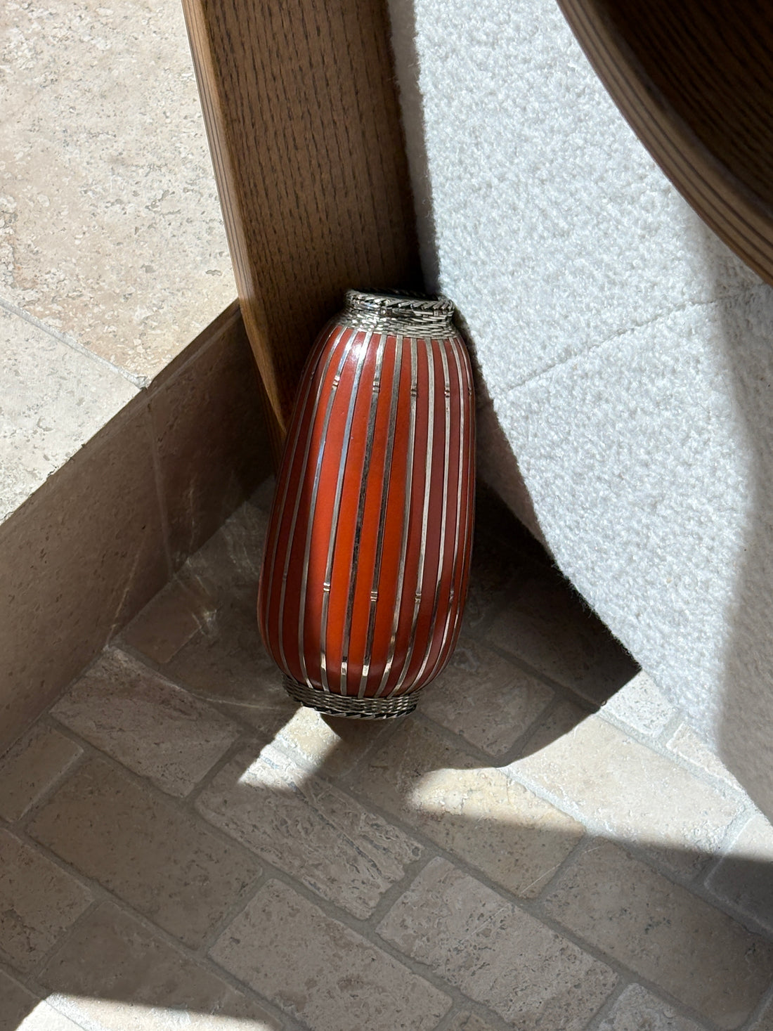 Antique Japanese Meiji Period Vase in Orange-Red with Silver Basketweave