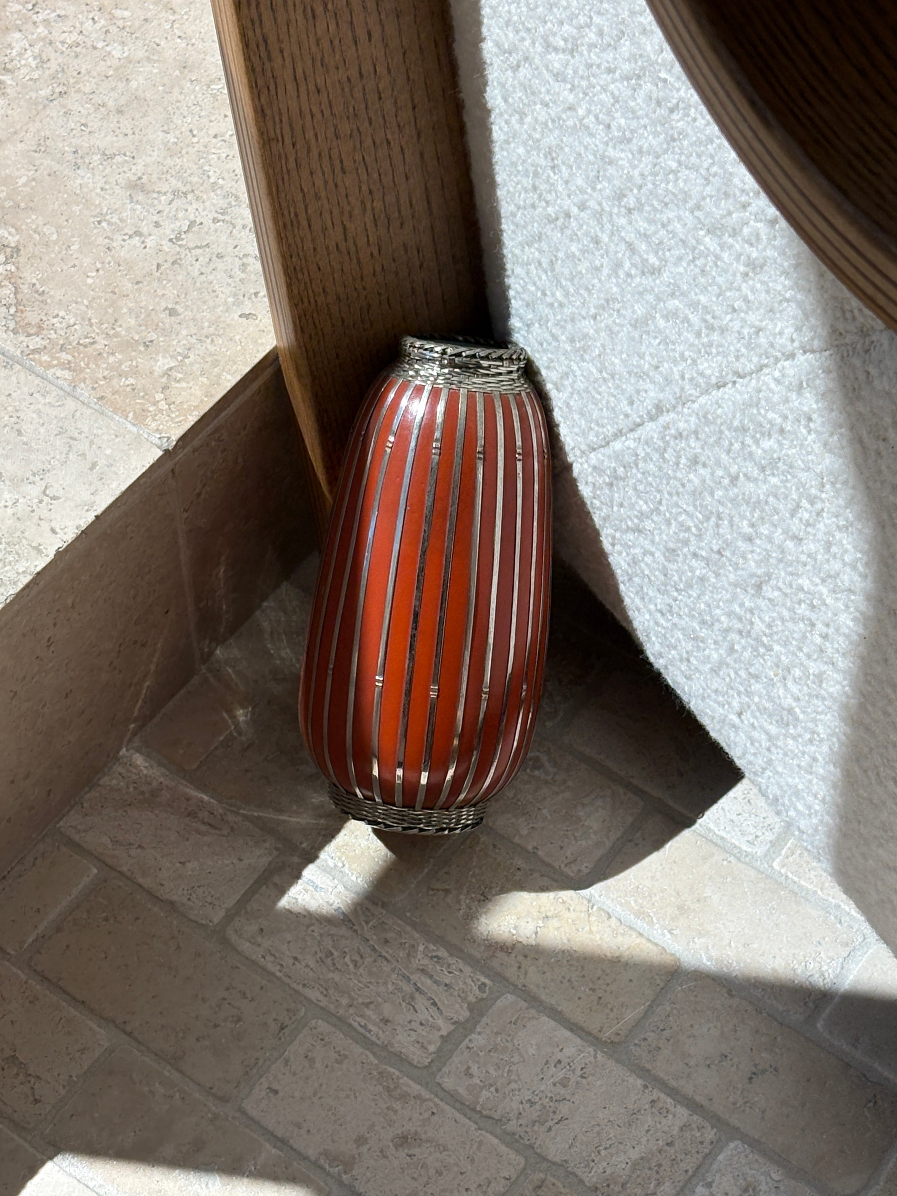 Antique Japanese Meiji Period Vase in Orange Red with Silver Basketweave | Collectors Gene