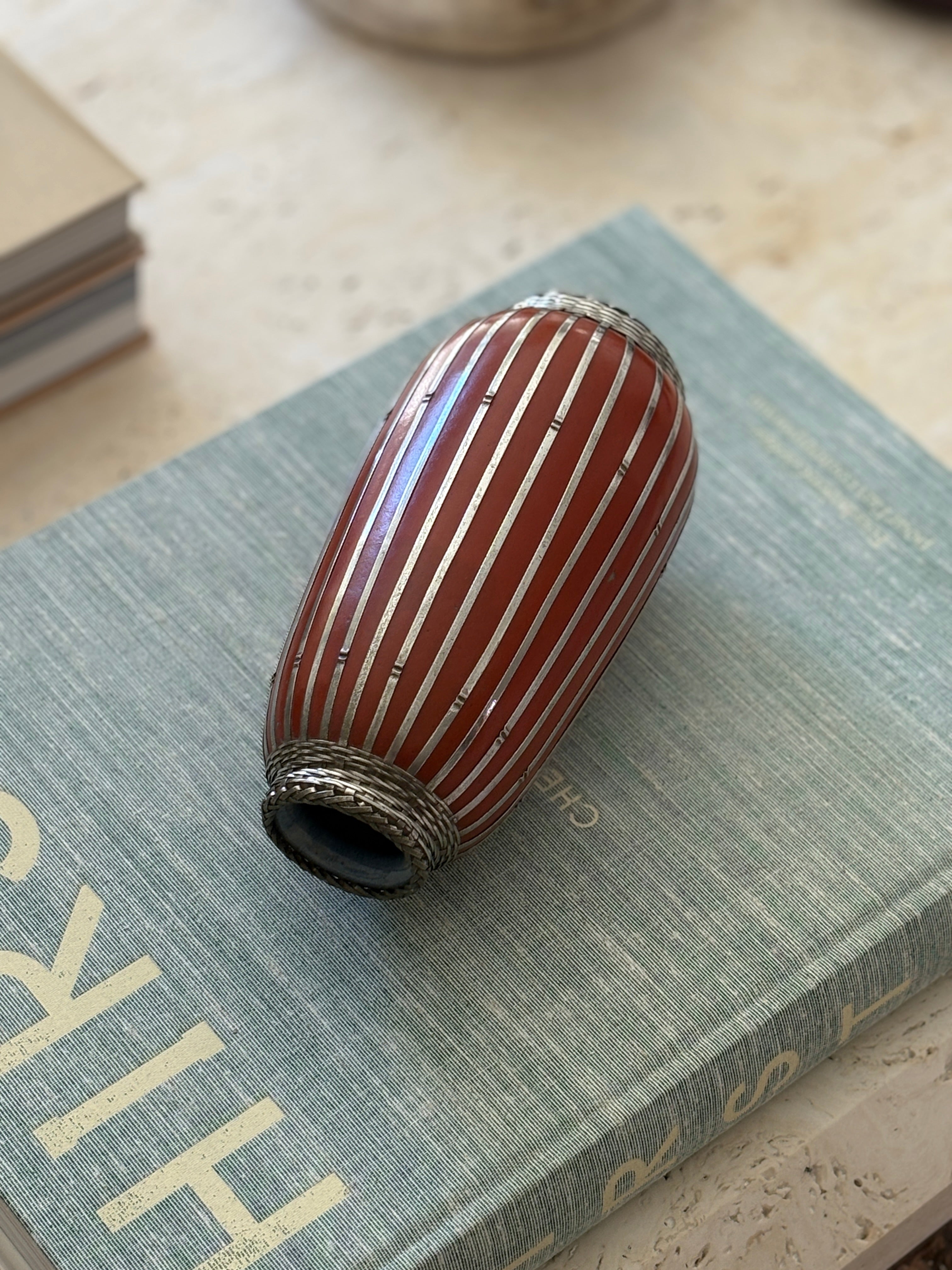 Antique Japanese Meiji Period Vase in Orange Red with Silver Basketweave | Collectors Gene