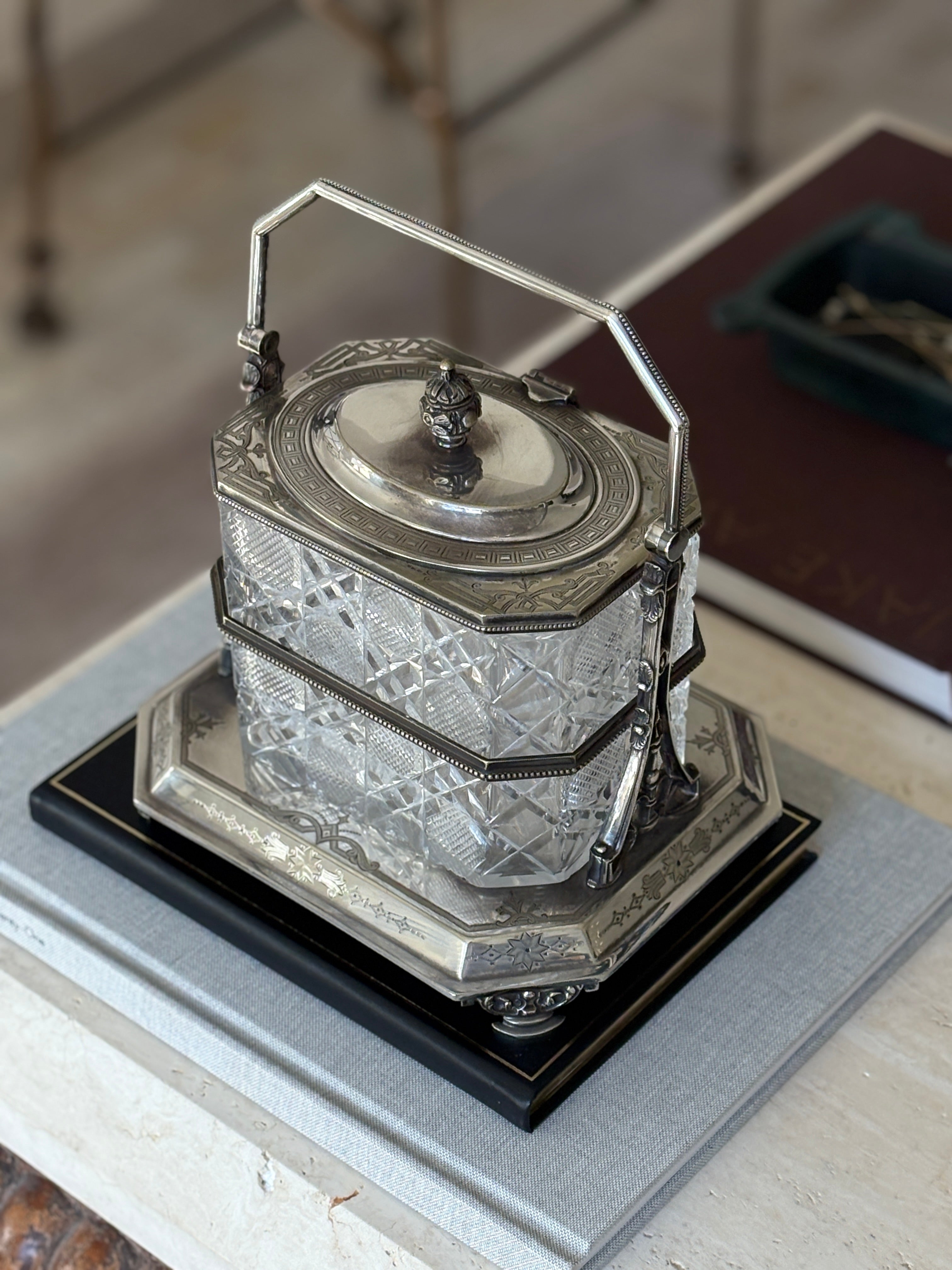 Antique Silverplate &amp; Cut Glass Biscuit Box on Stand – Boardman, Glossop &amp; Co. (Late Victorian) | Collectors Gene