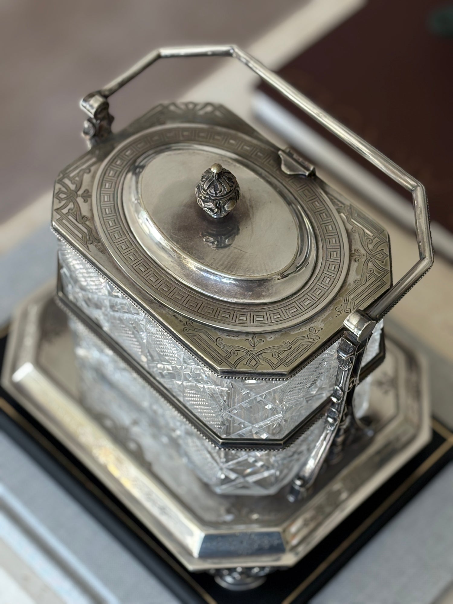 Antique Silverplate &amp; Cut Glass Biscuit Box on Stand – Boardman, Glossop &amp; Co. (Late Victorian) | Collectors Gene