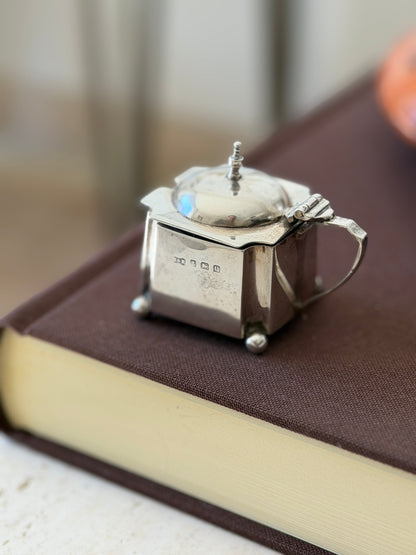 Antique sterling silver mustard pot with a domed hinged lid and baluster finial, a row of English hallmarks on the side, standing on ball feet on a brown book