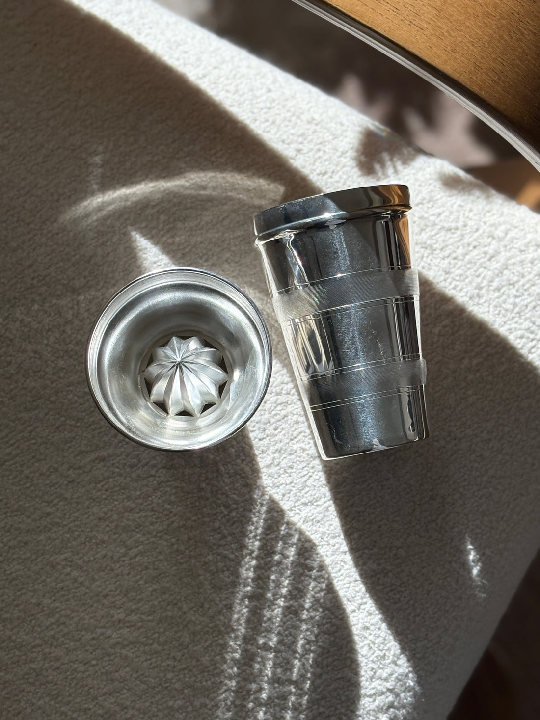 Art Deco Cocktail Shaker with Built In Juice &amp; Engine Turned Banding | Collectors Gene