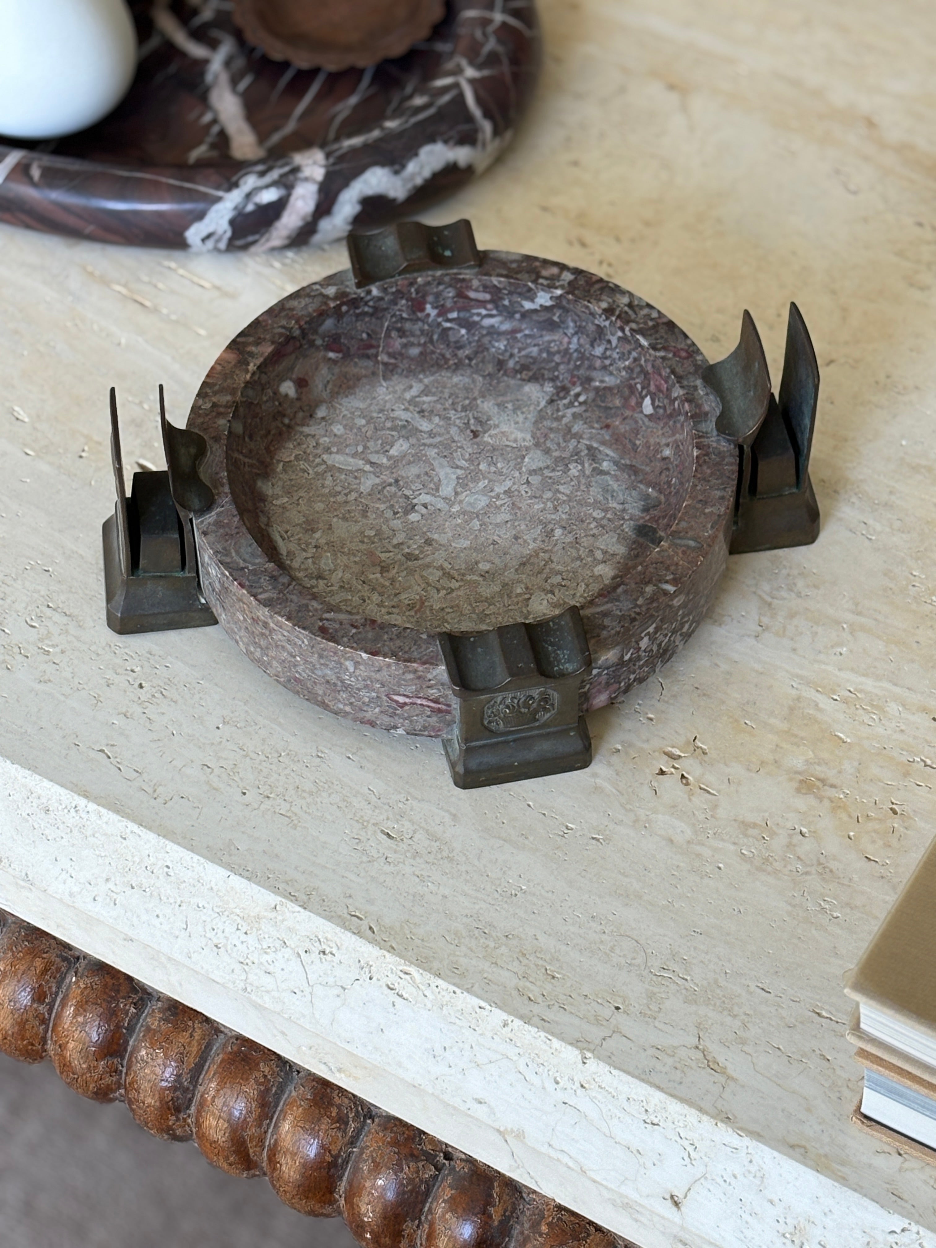 Art Deco Marble Bronze Cigar Ashtray with Integrated Match Holder Relief | Collectors Gene