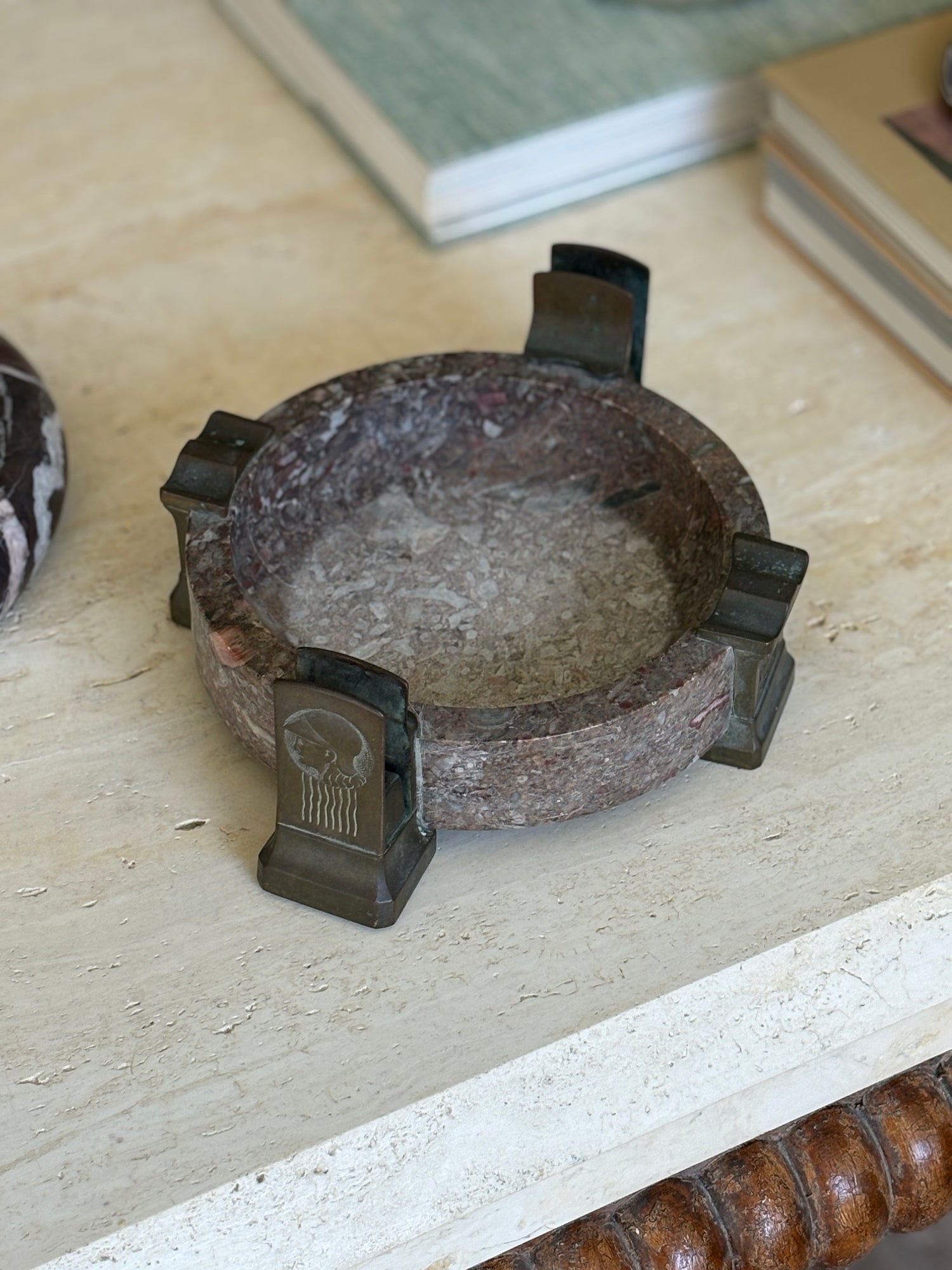 Art Deco Marble Bronze Cigar Ashtray with Integrated Match Holder Relief | Collectors Gene
