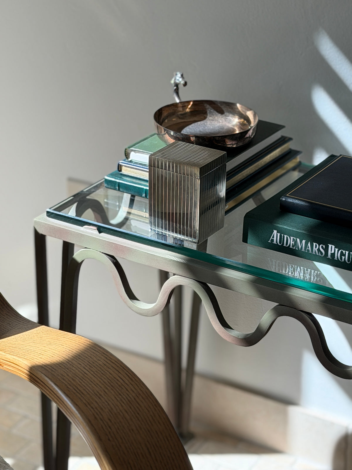 Vintage Art Deco silver plated rectangular ribbed box styled on glass console table from Collectors Gene