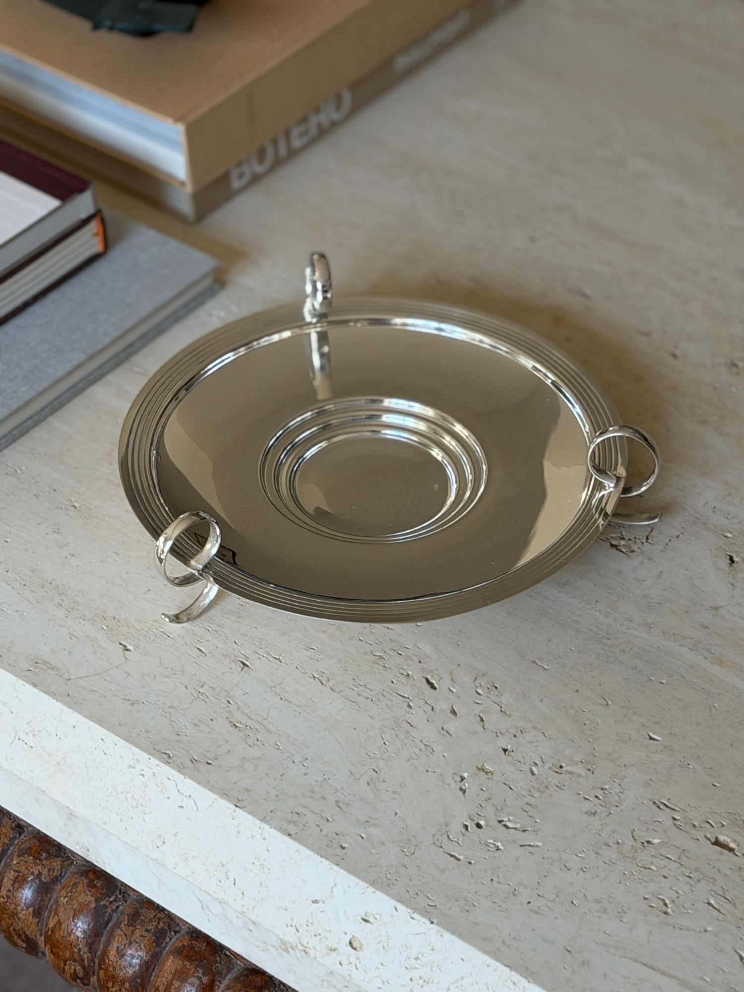 Art Deco Silver Plate Round Three-Handle Footed Tray | Collectors Gene