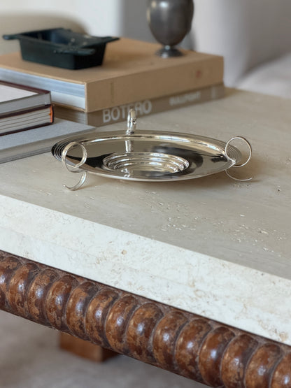 Art Deco Silver Plate Round Three-Handle Footed Tray | Collectors Gene