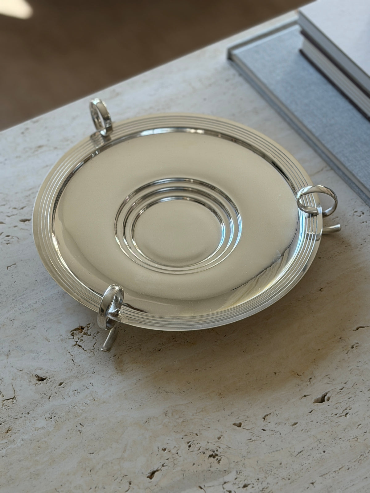 Art Deco Silver Plate Round Three-Handle Footed Tray | Collectors Gene