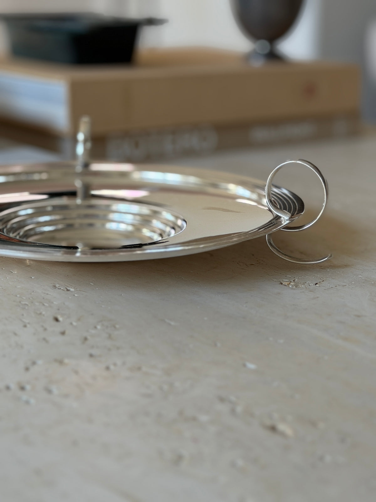 Art Deco Silver Plate Round Three-Handle Footed Tray | Collectors Gene