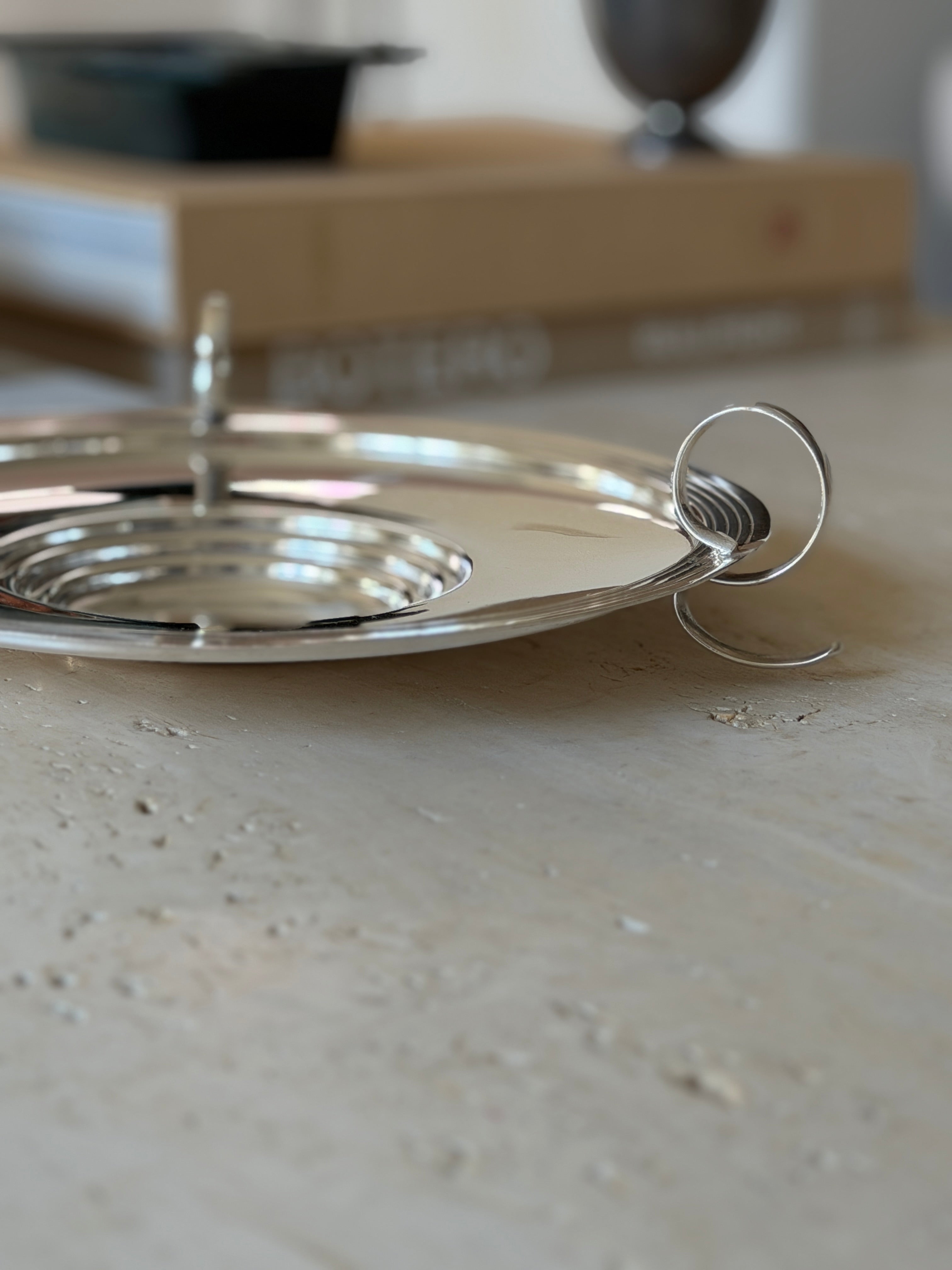 Art Deco Silver Plate Round Three-Handle Footed Tray | Collectors Gene
