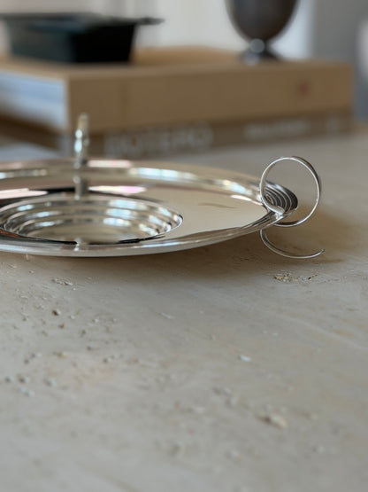 Art Deco Silver Plate Round Three-Handle Footed Tray | Collectors Gene