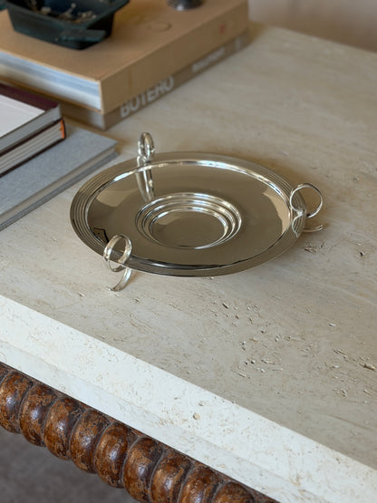 Art Deco Silver Plate Round Three-Handle Footed Tray | Collectors Gene