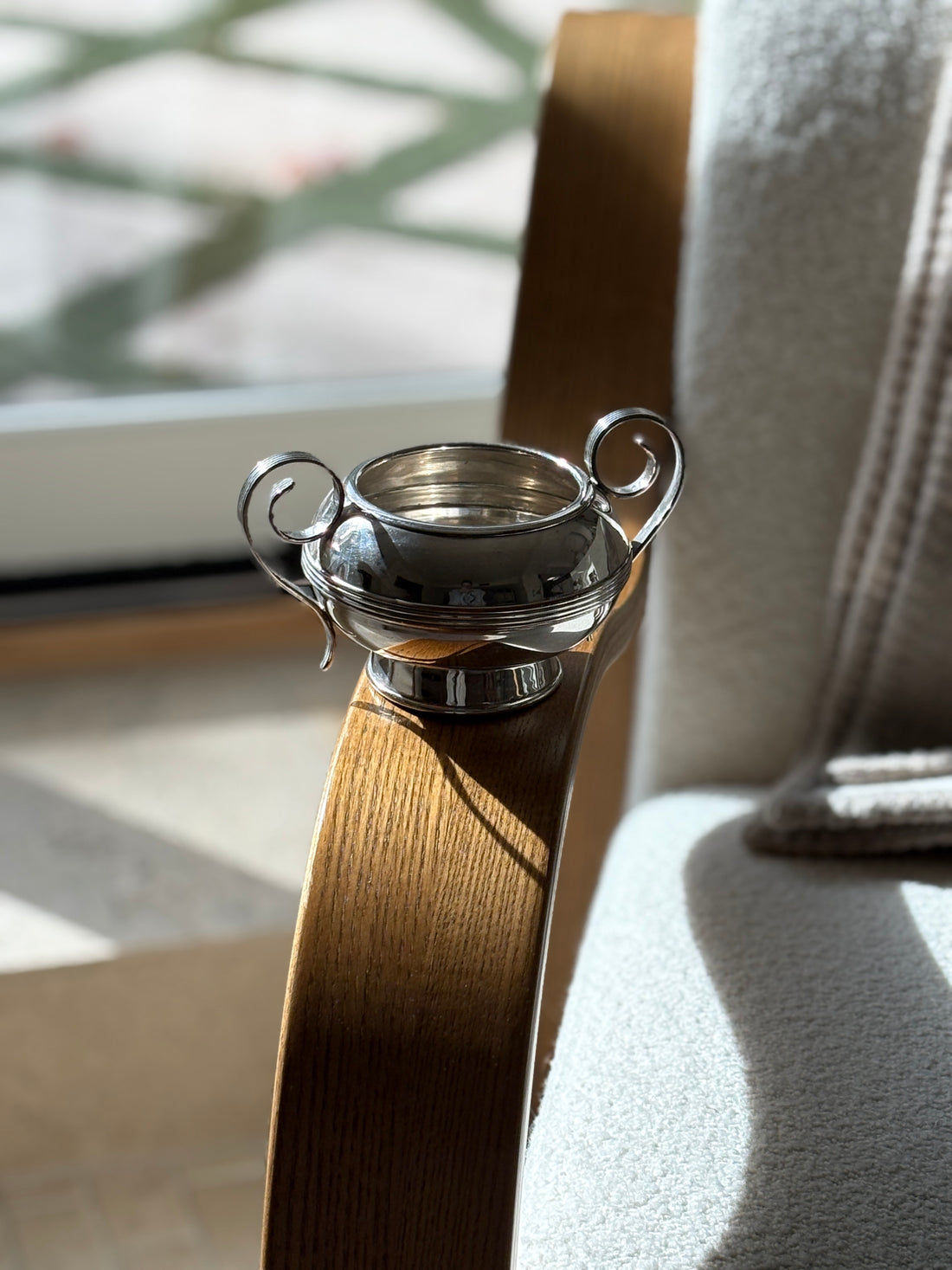 Art Deco Style Sugar Bowl with Scroll Handles in Silver Plate
