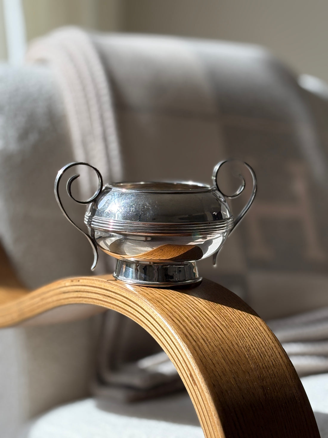 Art Deco Style Sugar Bowl with Scroll Handles in Silver Plate