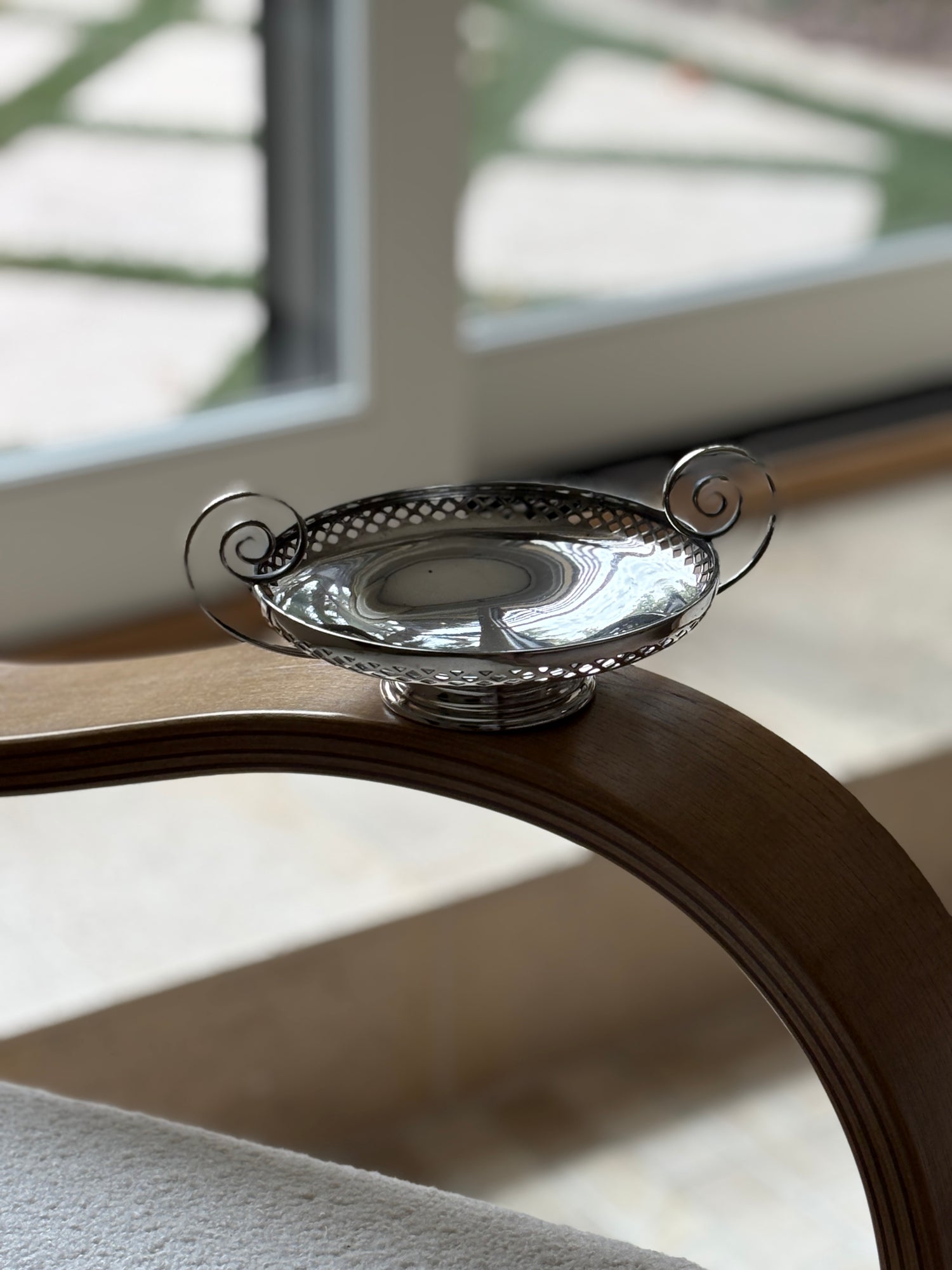 Art Nouveau Silver-Plated Pierced Pedestal Bonbon Dish with Scroll Handles by Mappin Webb | Collectors Gene