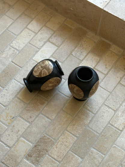 Black Marble Vases with Natural Stone Inlay (Pair) | Collectors Gene