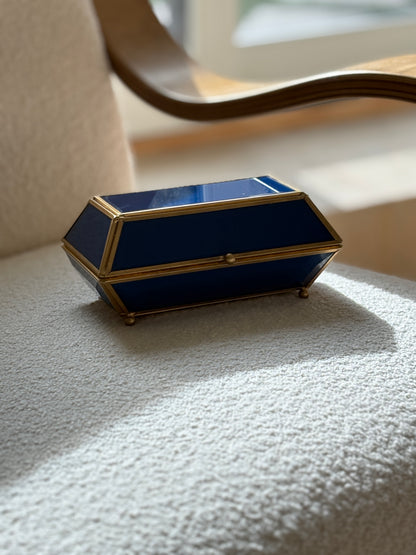 Blue Glass Geometric Paneled Box with Gold-Tone Hardware | Collectors Gene