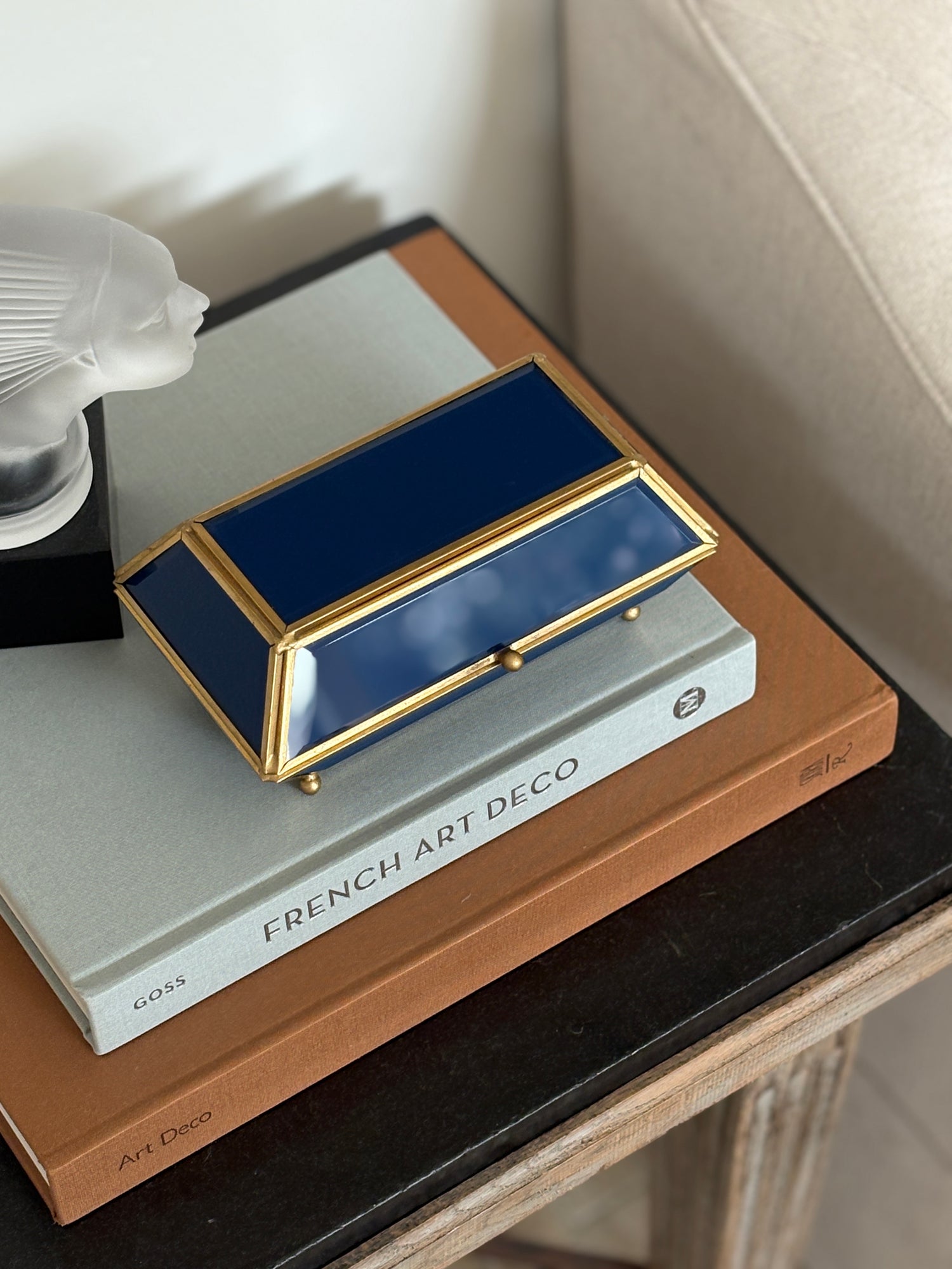 Blue Glass Geometric Paneled Box with Gold-Tone Hardware | Collectors Gene