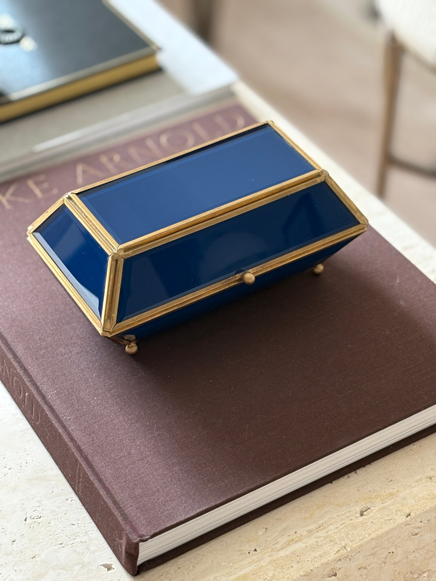 Blue Glass Geometric Paneled Box with Gold-Tone Hardware | Collectors Gene