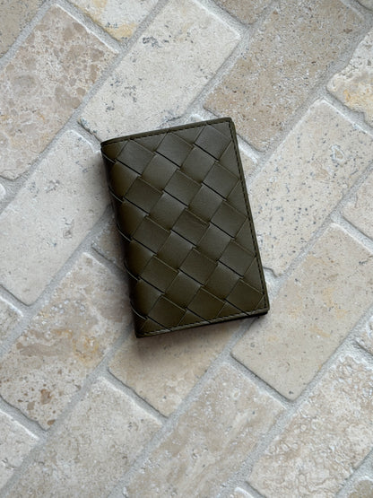 Bottega Veneta Intrecciato Leather Flap Card Case Wallet in Khaki | Collectors Gene