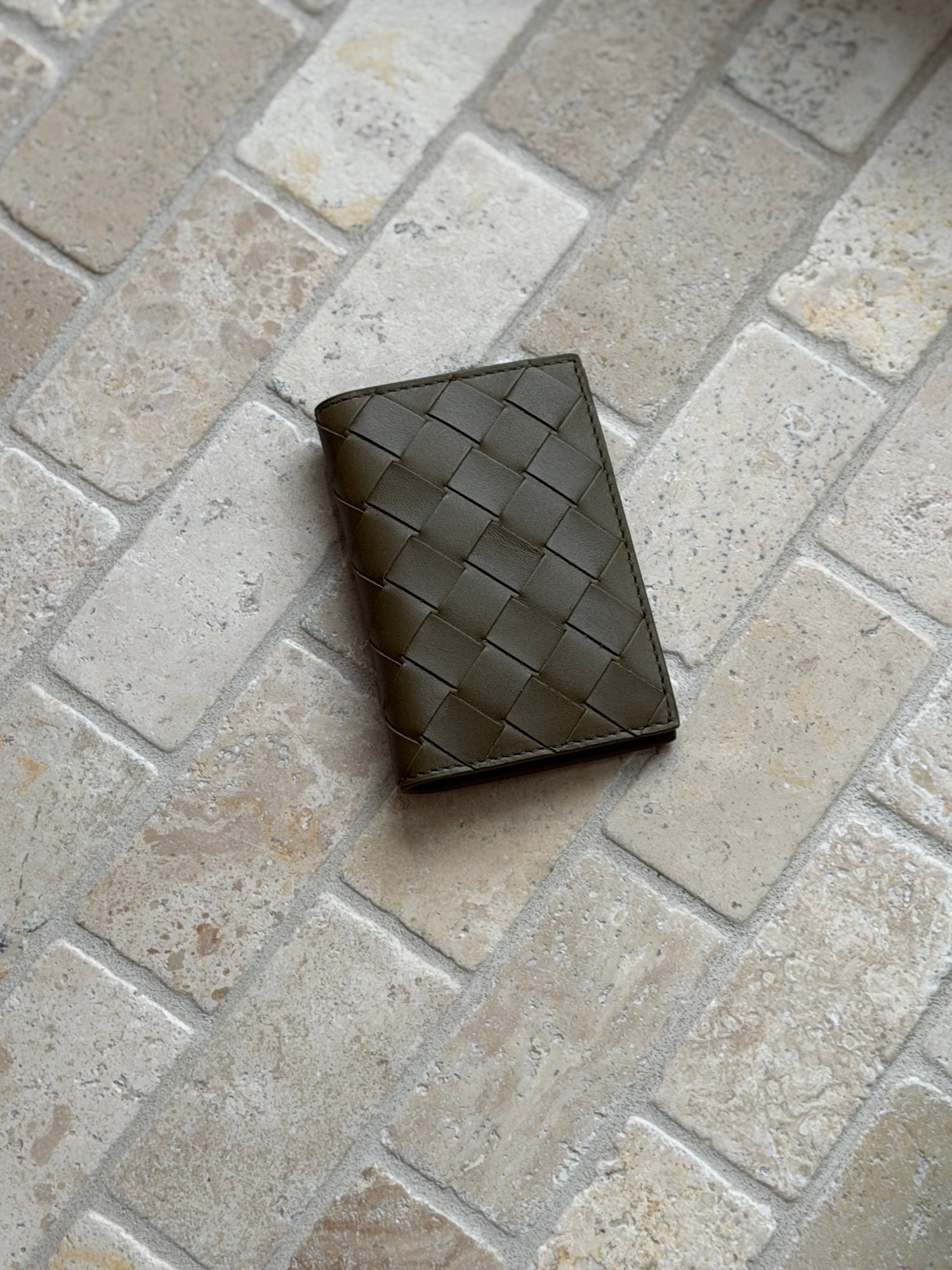 Bottega Veneta Intrecciato Leather Flap Card Case Wallet in Khaki | Collectors Gene