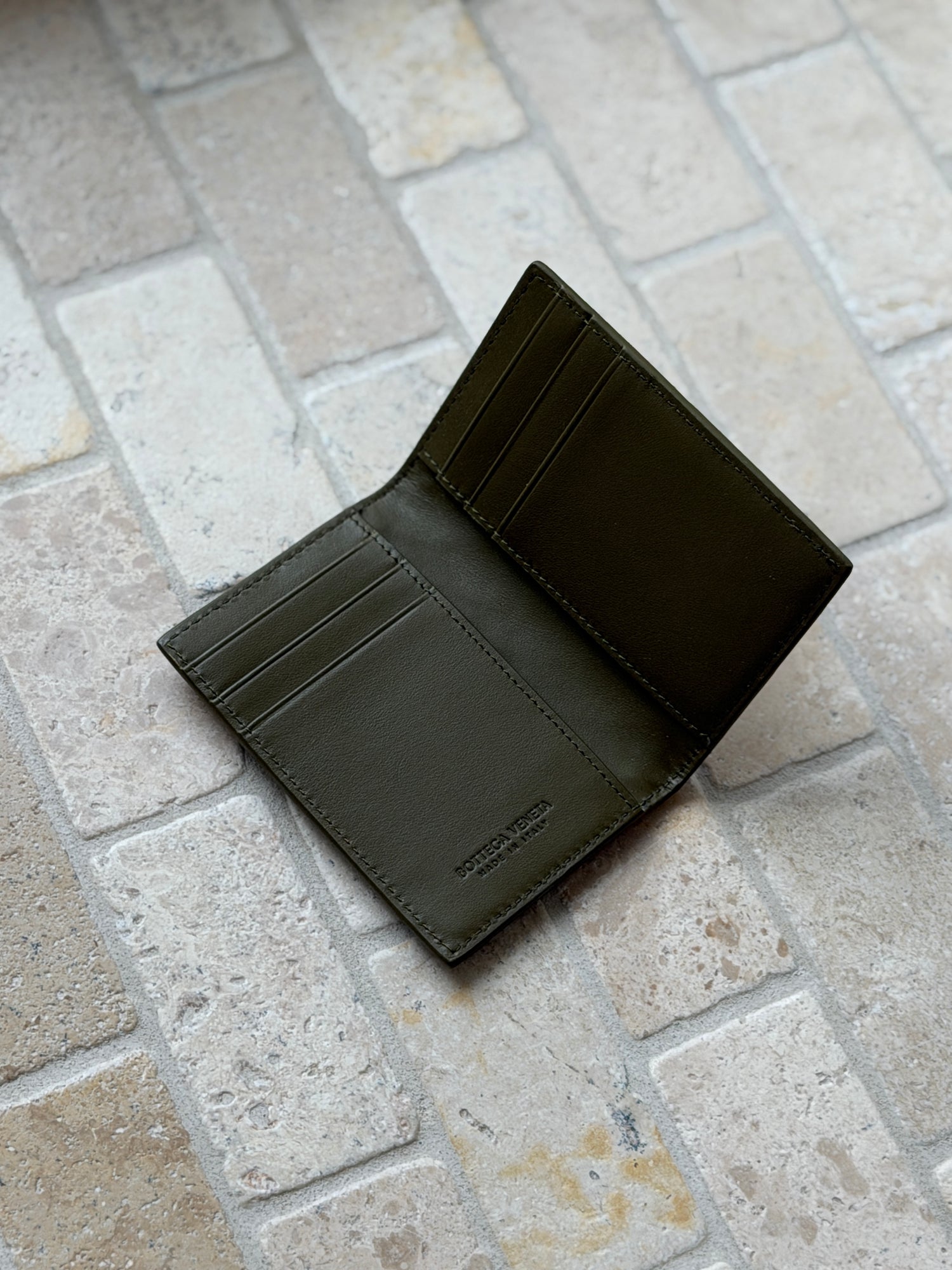 Bottega Veneta Intrecciato Leather Flap Card Case Wallet in Khaki | Collectors Gene