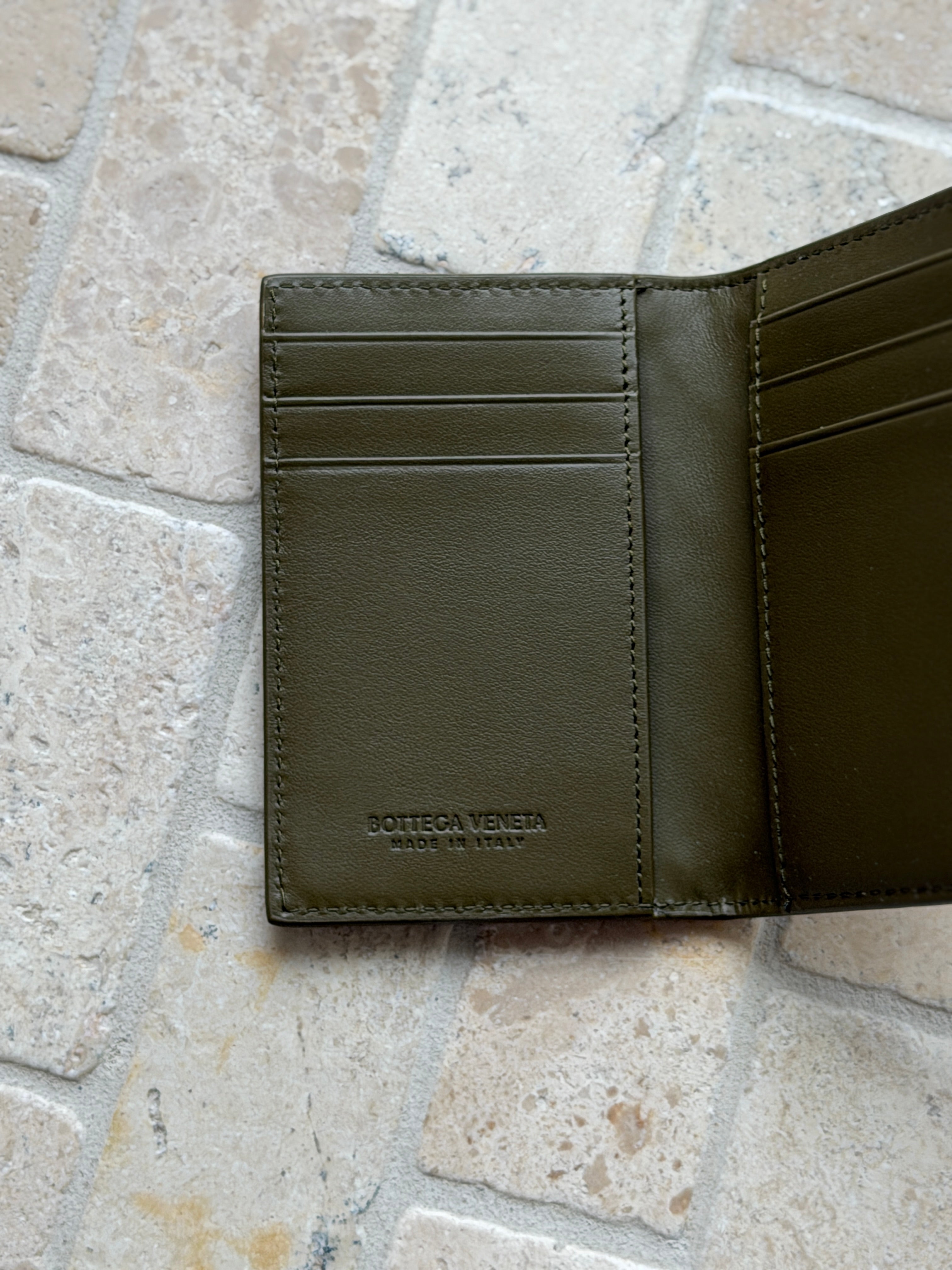 Bottega Veneta Intrecciato Leather Flap Card Case Wallet in Khaki | Collectors Gene
