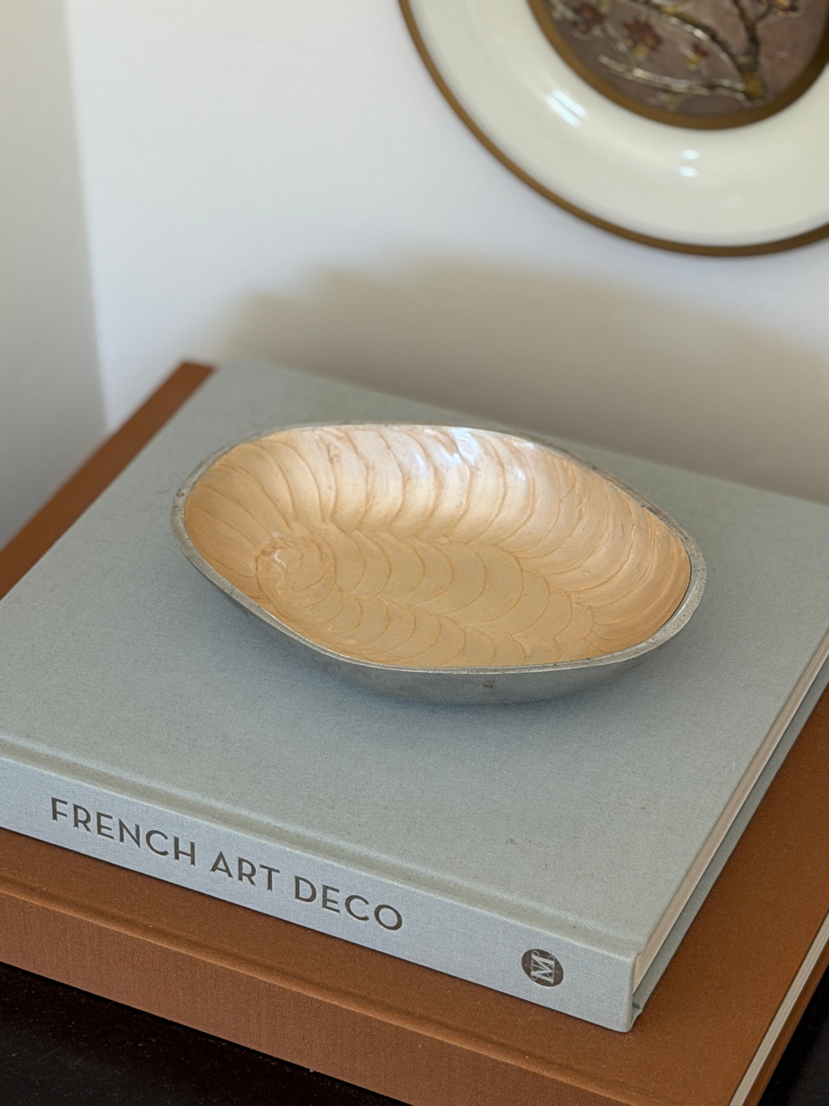 Vintage c.1980 Brandani Galassia cream aluminum catchall dish styled on books from Collectors Gene