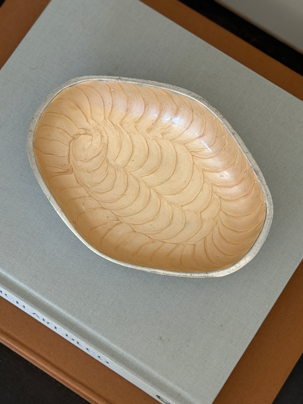 Direct top-down view of 7.5 inch oval cream aluminum vide poche showing interior texture available at Collectors Gene