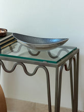 Vintage c.1980 Brandani Galassia grey aluminum boat-shaped centerpiece bowl on glass table from Collectors Gene