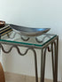 Vintage c.1980 Brandani Galassia grey aluminum boat-shaped centerpiece bowl on glass table from Collectors Gene