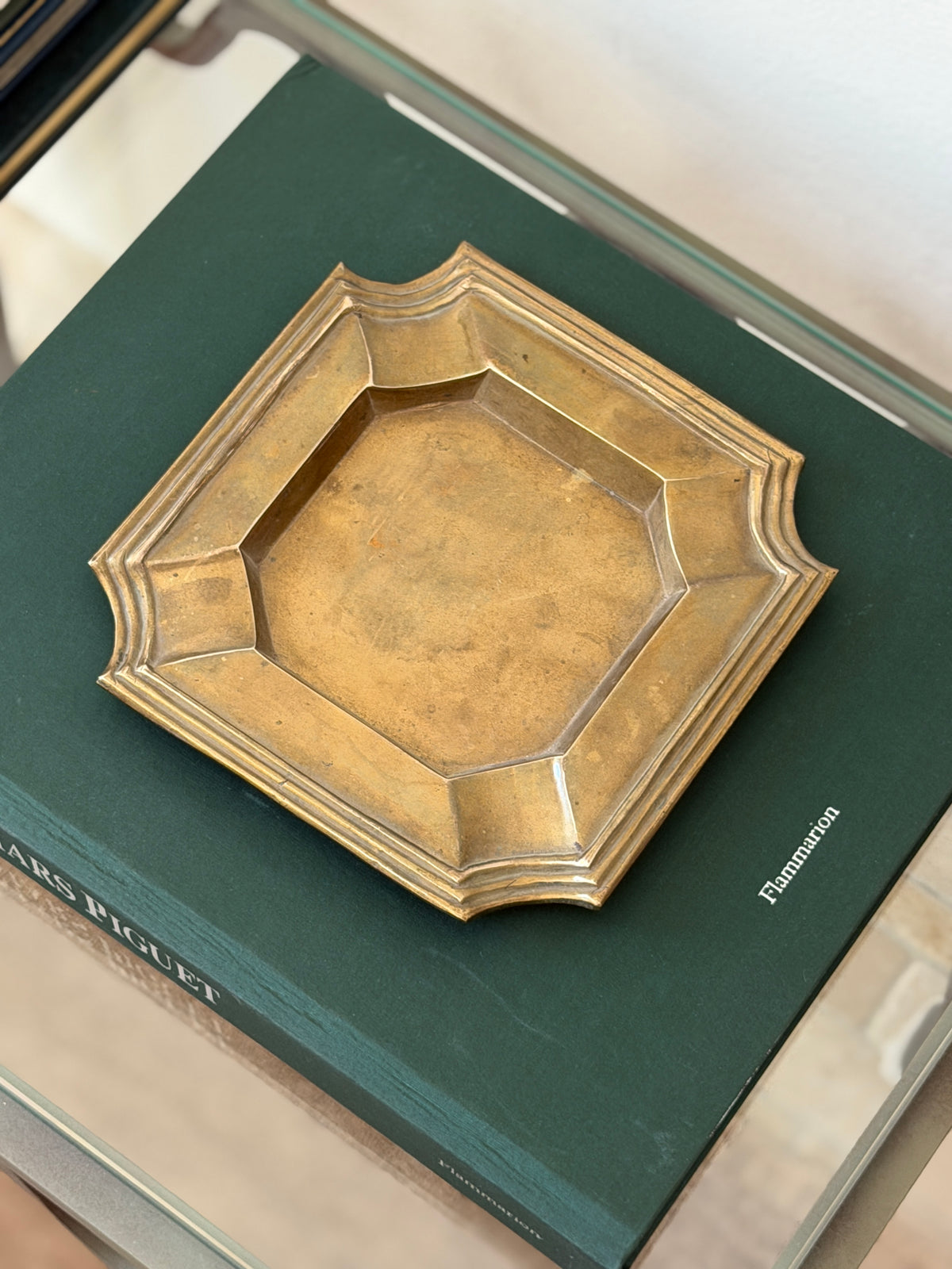 Close-up top angle view of vintage brass architectural floor-plan style ashtray tray from Collectors Gene