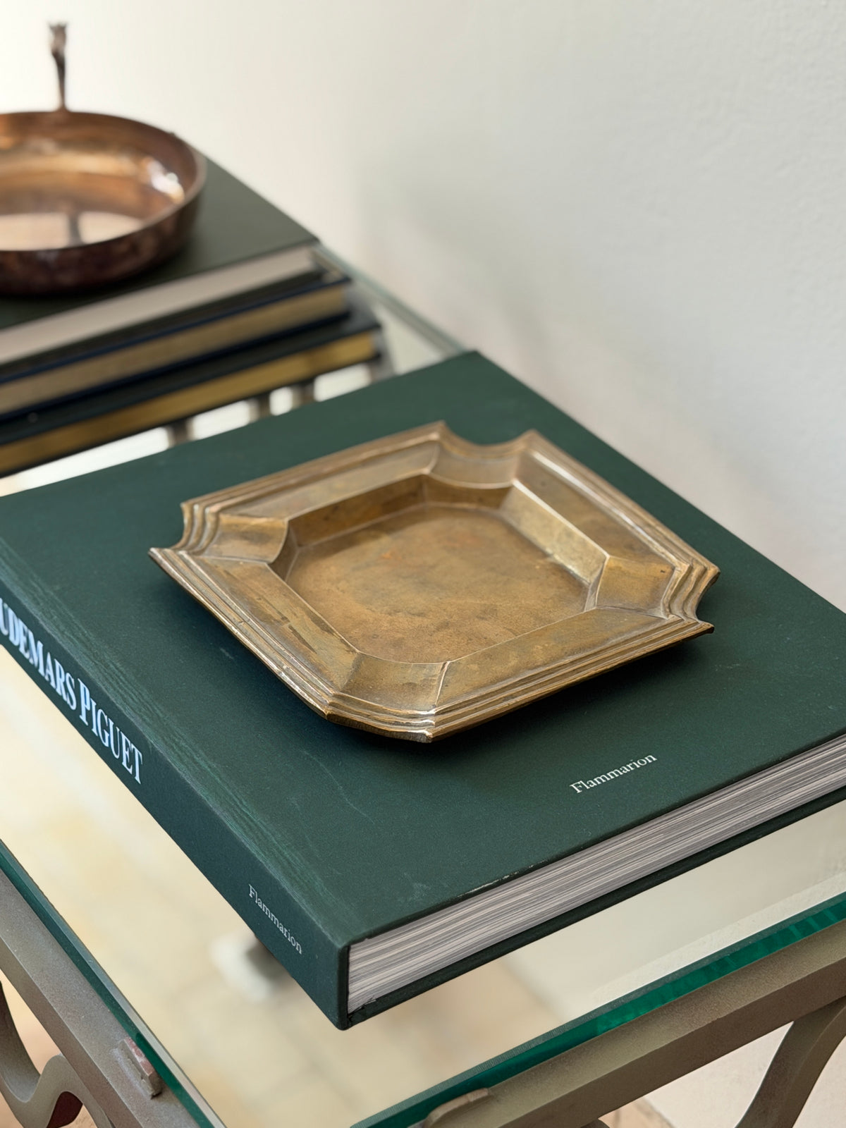 Angled side view of Art Deco mid-century brass geometric tray available at Collectors Gene