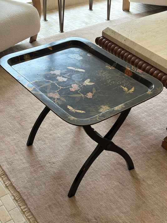 British Black Lacquer Chinoiserie Vintage Tray Table | Collectors Gene Vintage Luxury