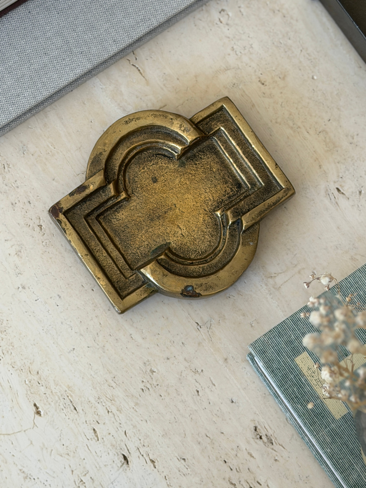 High angle view of brutalist patinated bronze geometric key tray at Collectors Gene