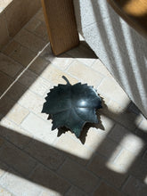 Overhead sunlit shot showing serrated edge detail of vintage dark bronze botanical leaf vide poche by Collectors Gene