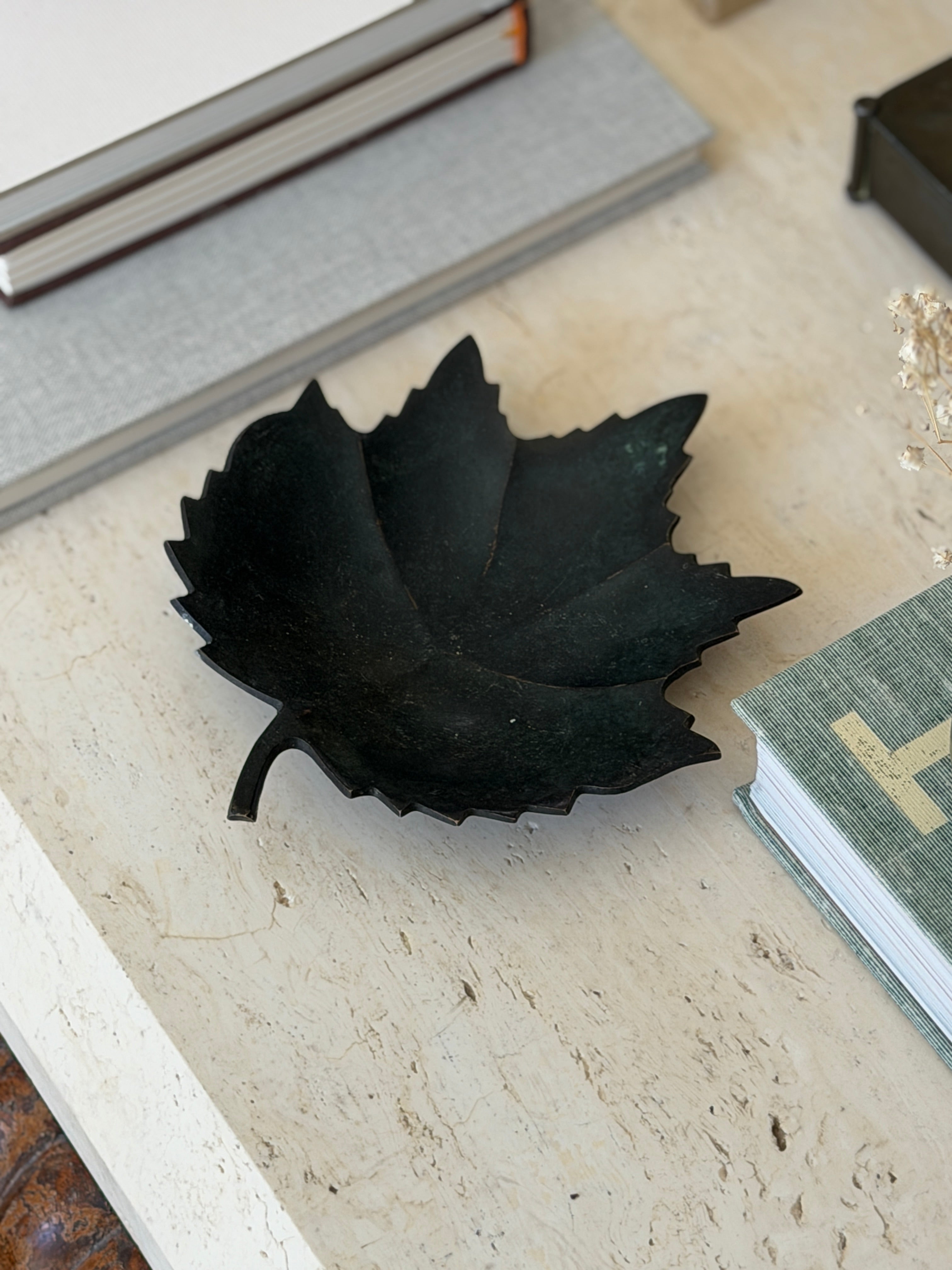 Collectors Gene dark patinated bronze leaf trinket tray styled on executive desk setting