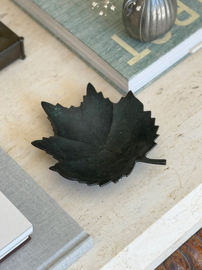 Collectors Gene vintage dark patinated bronze leaf figural vide poche catchall dish on travertine surface