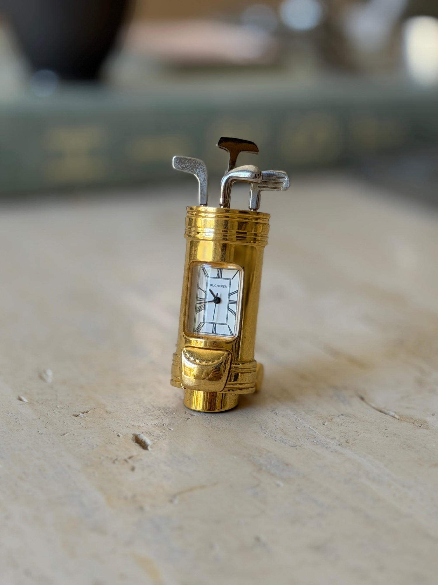 Bucherer Gold Plated Golf Bag Desk Clock