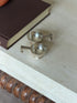 The pair of silver dishes shown from a closer angle, handles pointing in opposite directions, on the same stone ledge