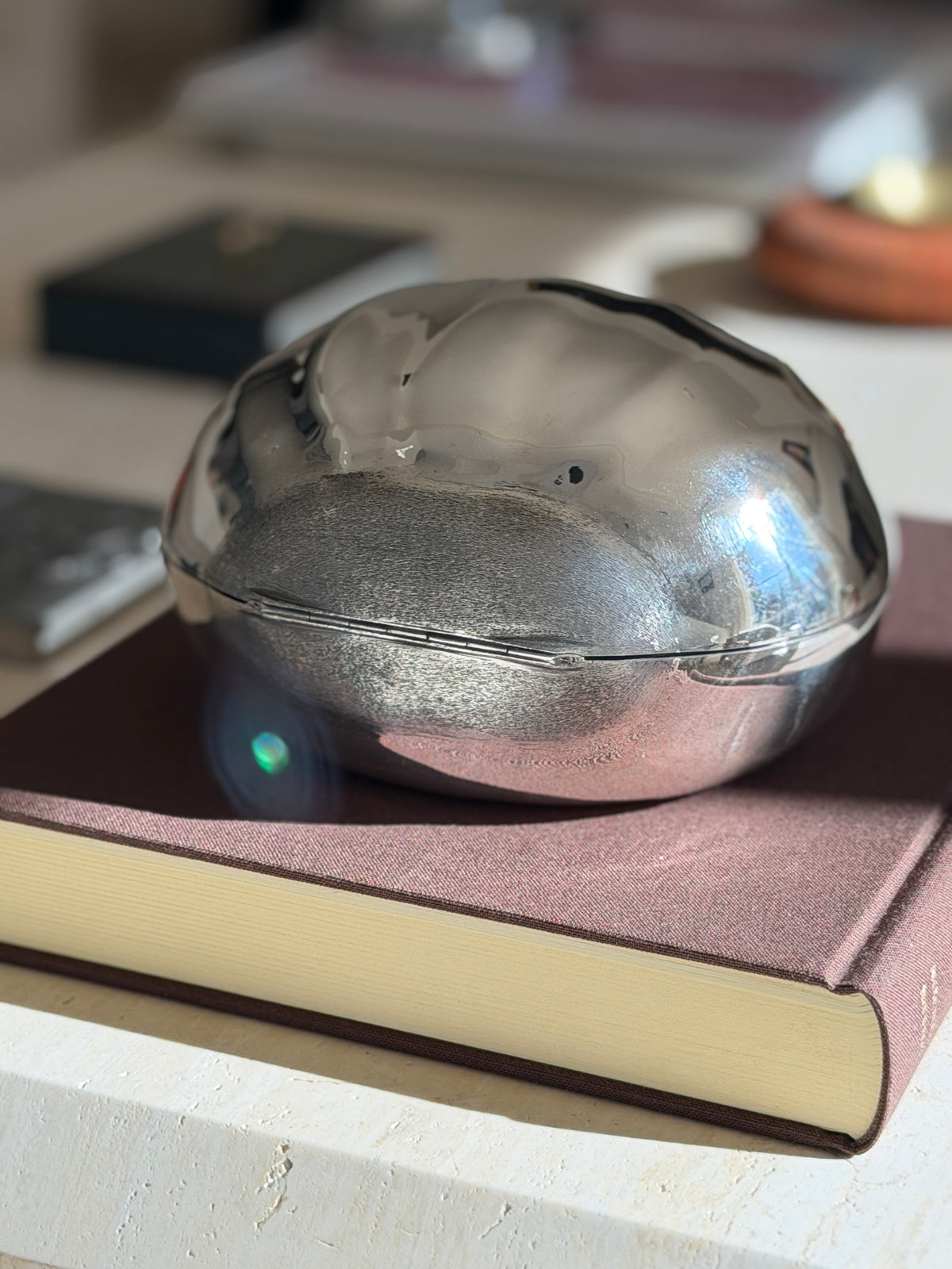 Side view of the Cartier chestnut box on a brown book, showing the hinge seam and the matte textured band across the polished silver
