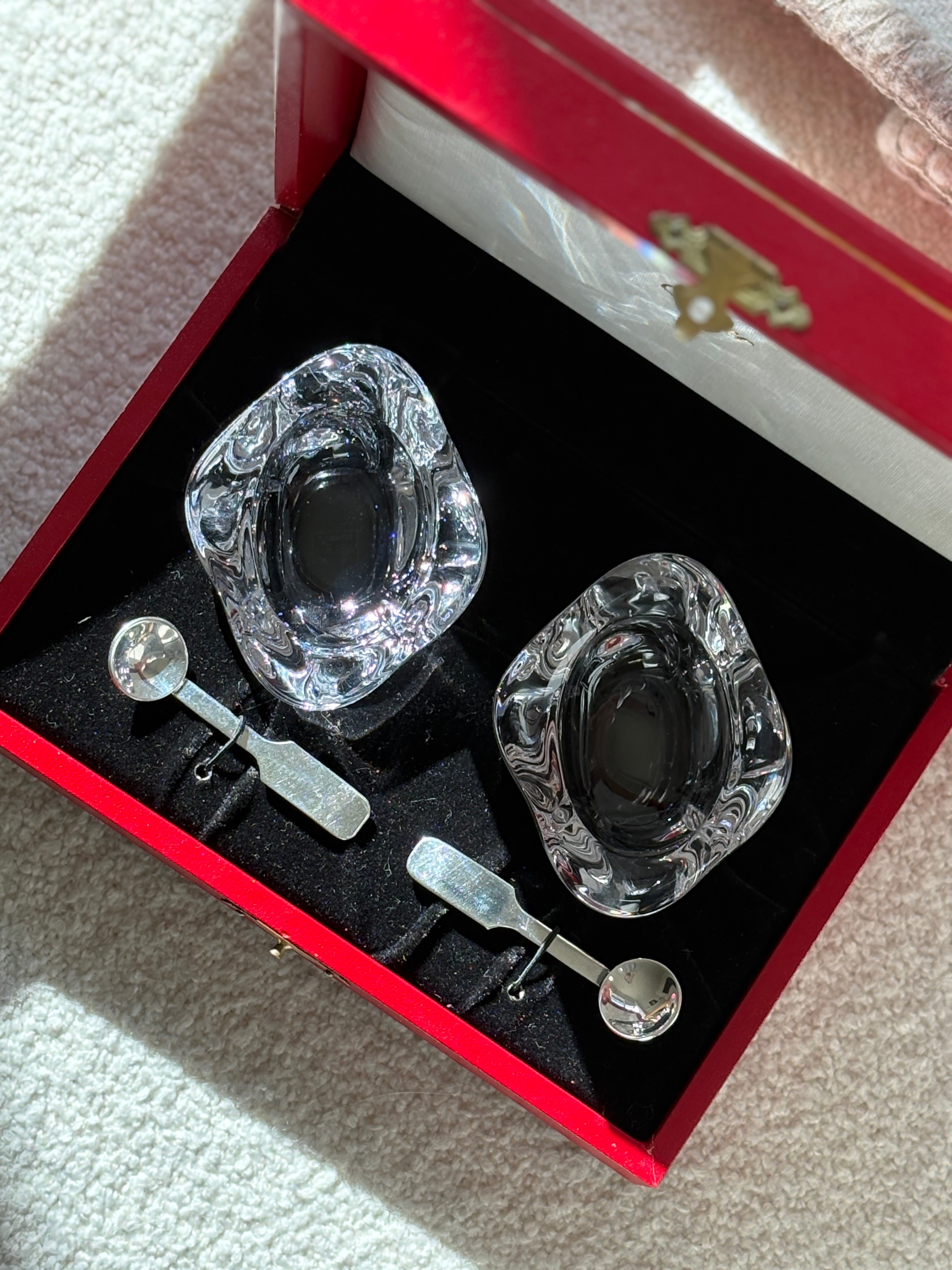 Cartier Glass Salt Cellars with Sterling Silver Spoons in Original Box | Collectors Gene