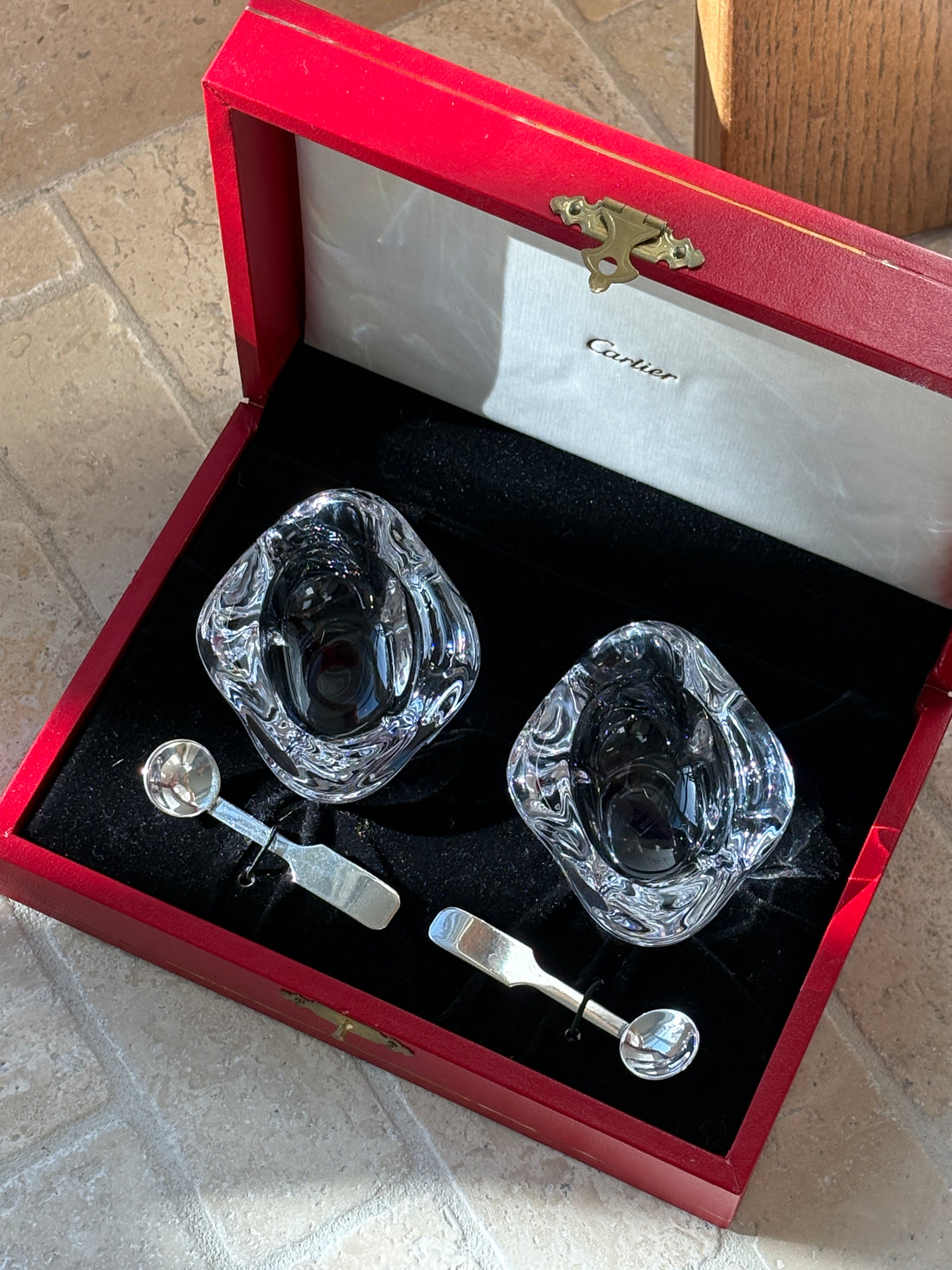 Cartier Glass Salt Cellars with Sterling Silver Spoons in Original Box | Collectors Gene