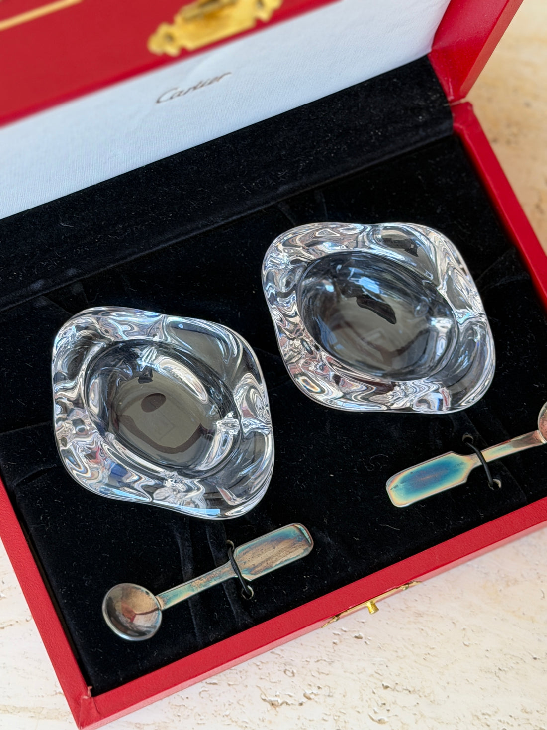 Cartier Organic Crystal Salt Cellars with Sterling Silver Spoons in Presentation Box | Collectors Gene