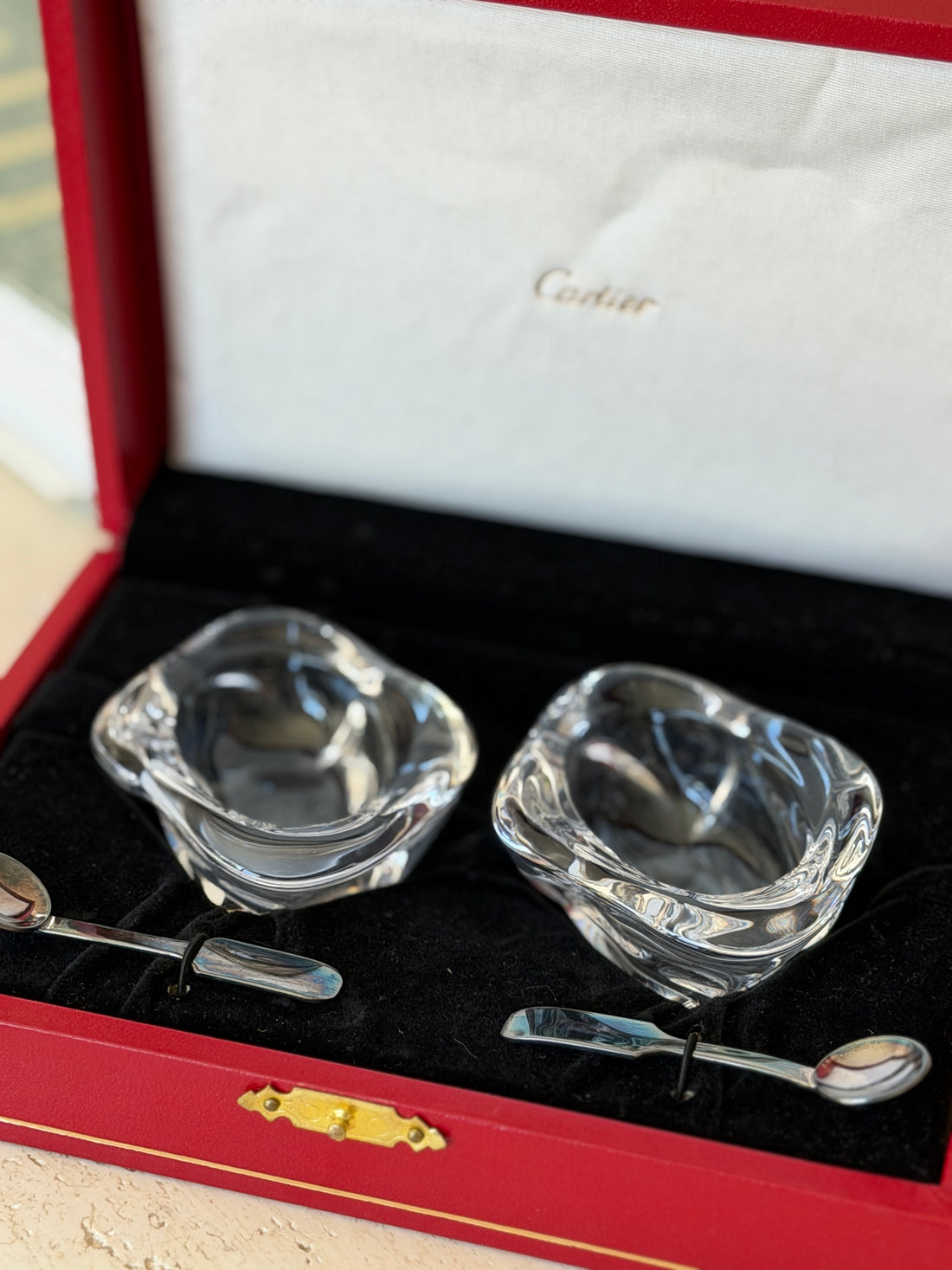 Cartier Organic Crystal Salt Cellars with Sterling Silver Spoons in Presentation Box | Collectors Gene