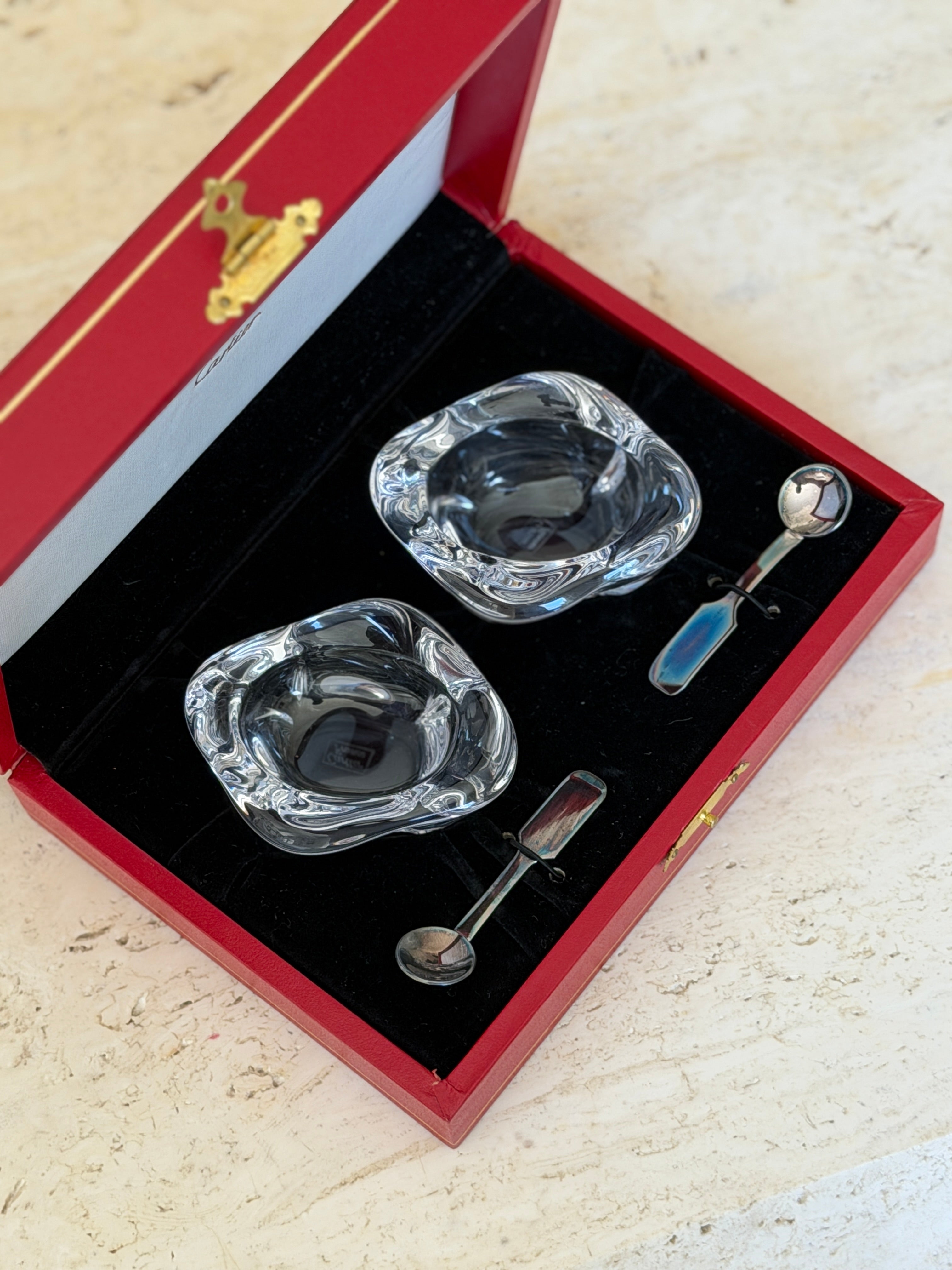 Cartier Organic Crystal Salt Cellars with Sterling Silver Spoons in Presentation Box | Collectors Gene