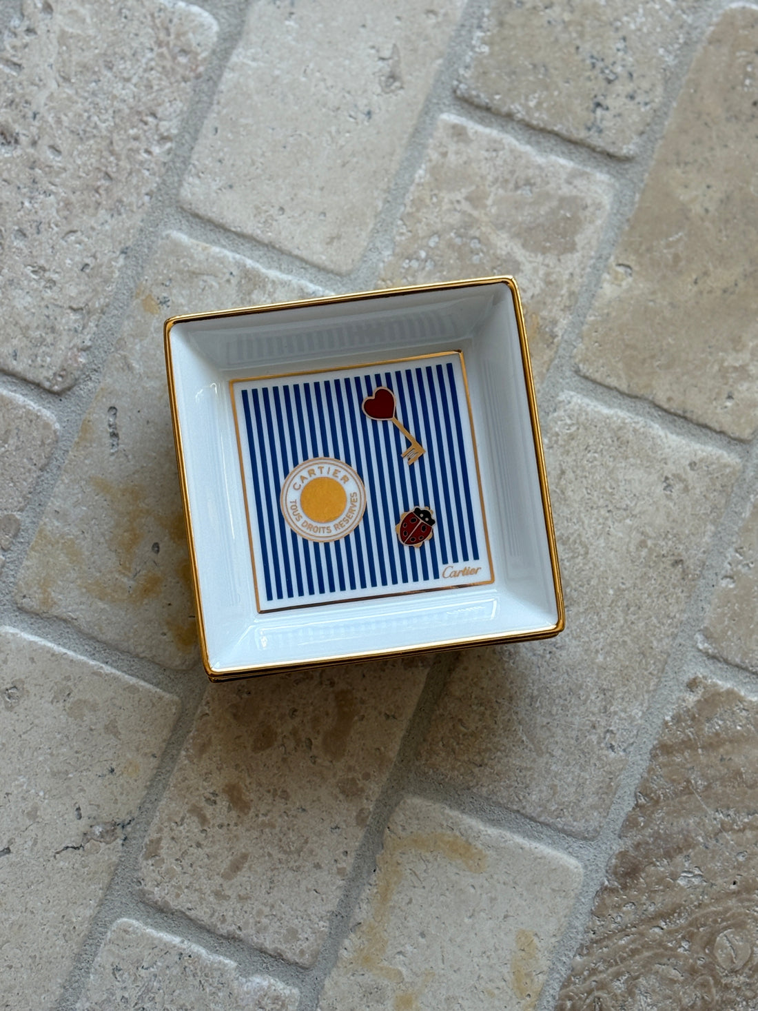 Cartier Porcelain Trinket Tray – Blue Stripe Motif with Medallion, Key, &amp; Ladybug | Collectors Gene